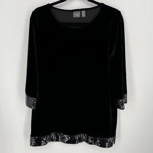 Chicos Travelers Velvet Tunic Top Size S Black Sequin Hem Stretch 3/4 Sleeve